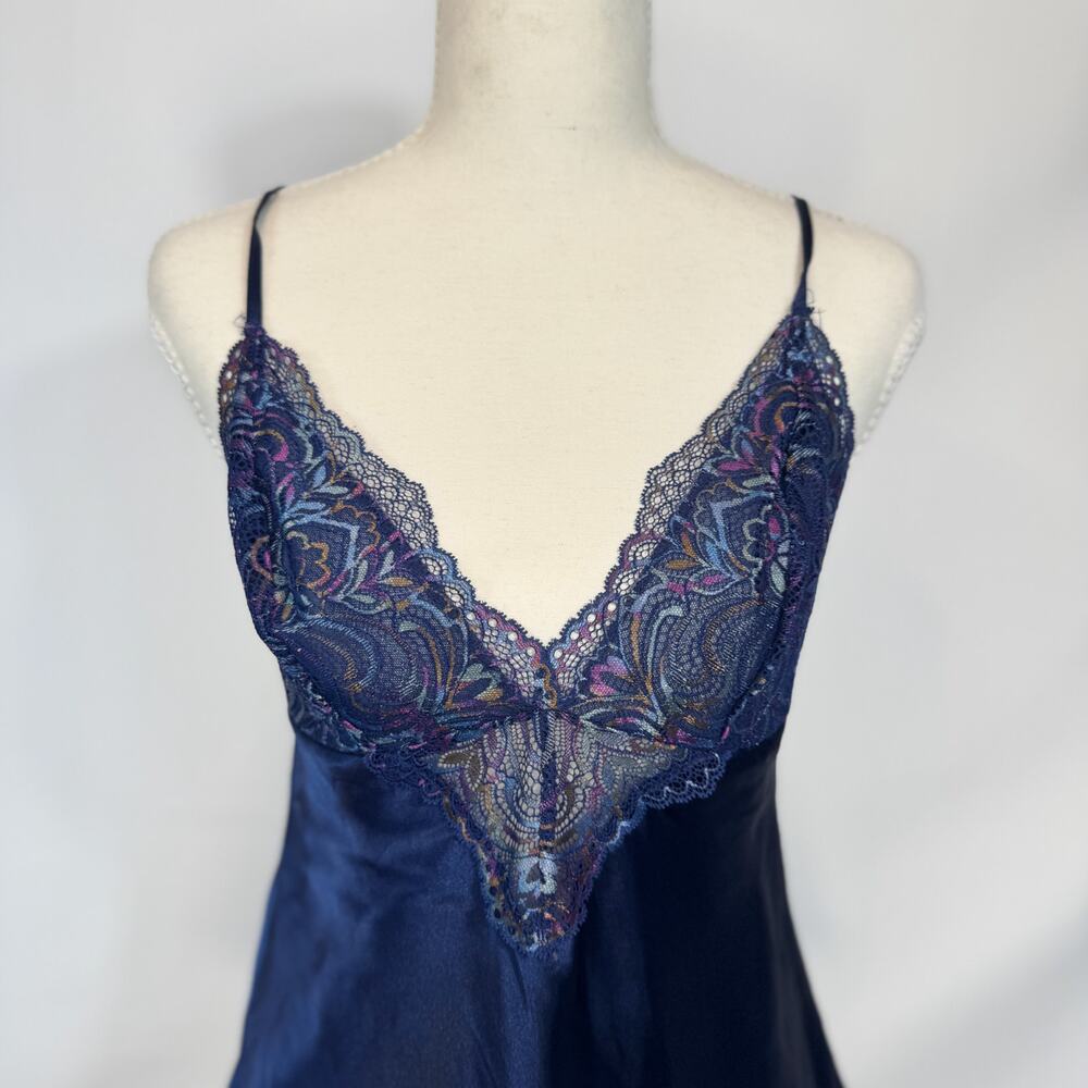 Y2K Satin Lace Babydoll Camisole Navy Lingerie Style Coquette Going Out Top Vtg - Picture 5 of 16